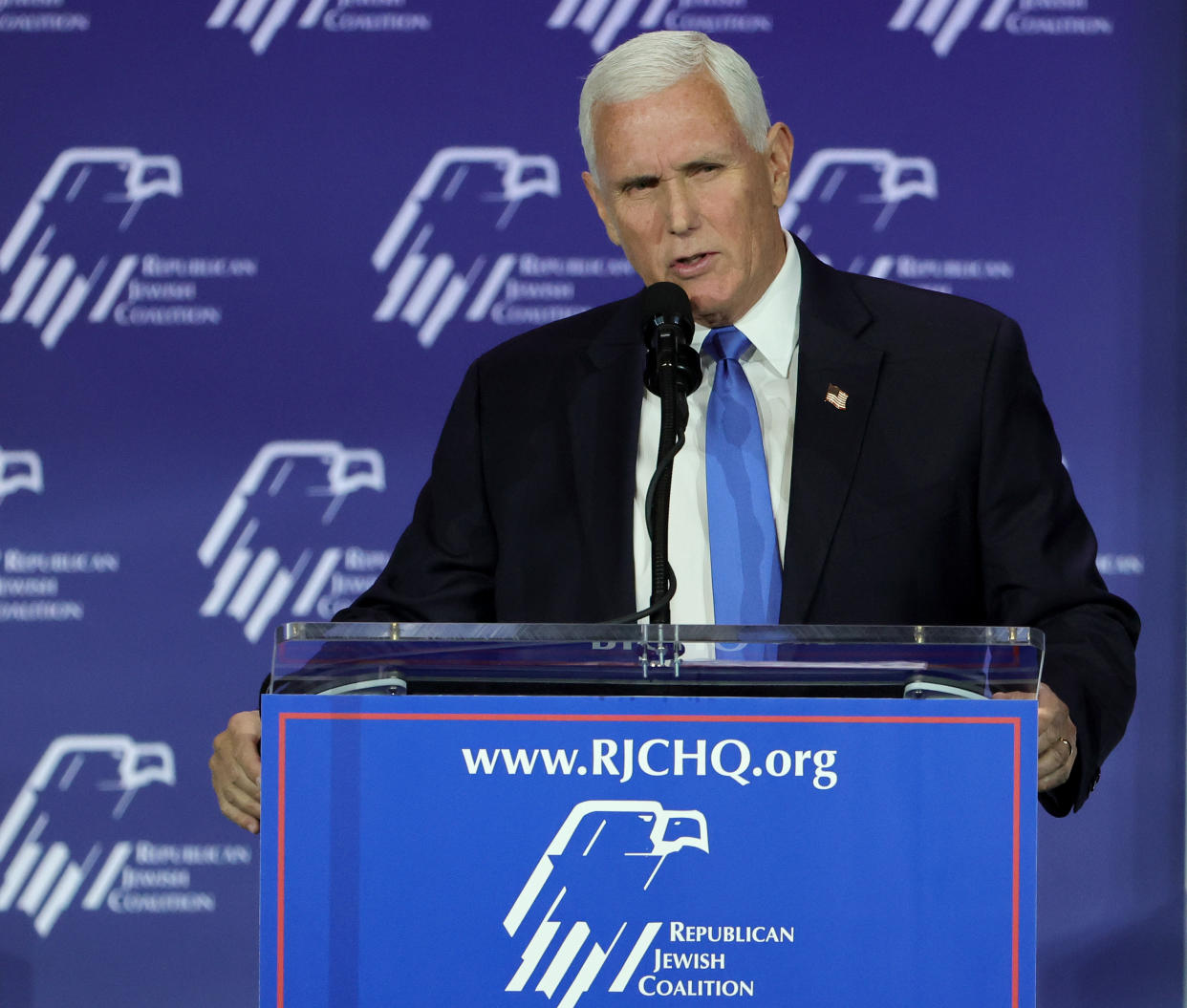LAS VEGAS, NEVADA - OCTOBER 28: Republican presidential candidate former U.S. Vice President Mike Pence speaks after suspending his campaign for president during the Republican Jewish Coalition's Annual Leadership Summit at The Venetian Resort Las Vegas on October 28, 2023 in Las Vegas, Nevada. The summit features the top GOP presidential candidates who will face their first test on the road to the Republican nomination with the Iowa Caucuses on January 15, 2024. (Photo by Ethan Miller/Getty Images)