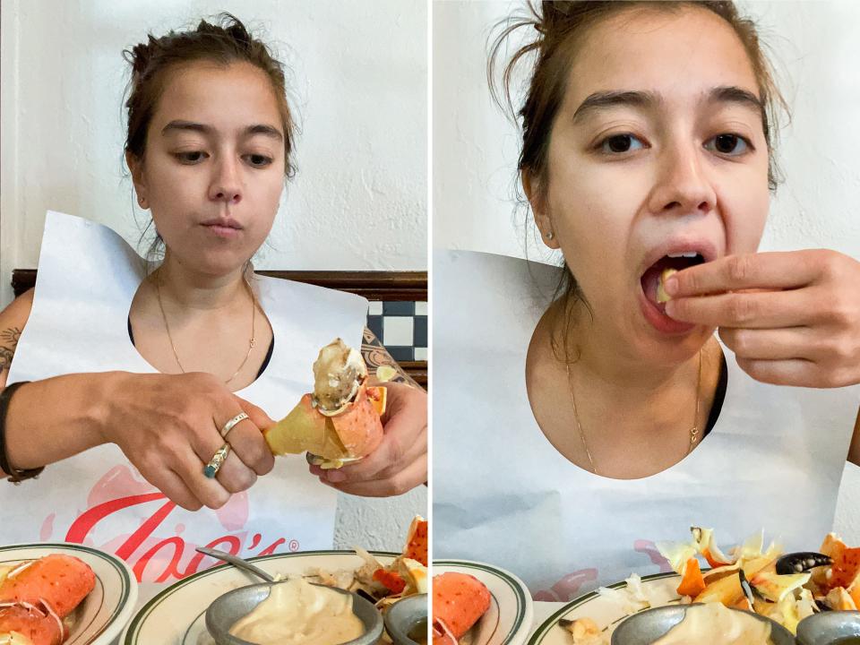 Two photos of the author eating crab