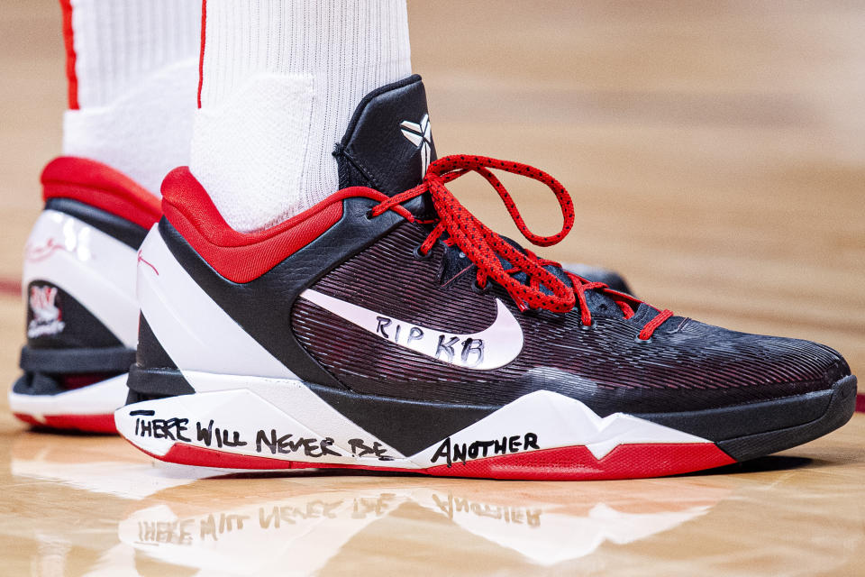 P.J. Tucker of the Houston Rockets wears sneakers decorated in honor of Kobe Bryant during a game against the Denver Nuggets on Jan. 26.