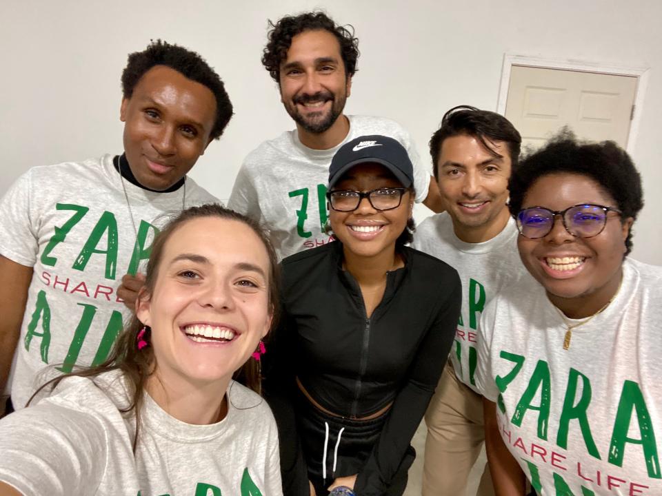 Living Democracy student Kaitlin Stabler, center, stands with members of the Zara Ania team, from left, Caroline Grogen, "Marx", Andres Lopez-Alicea, Shaun Taylor-Corbett and Tina Canady in Camden, Alabama, on July 2, 2023.