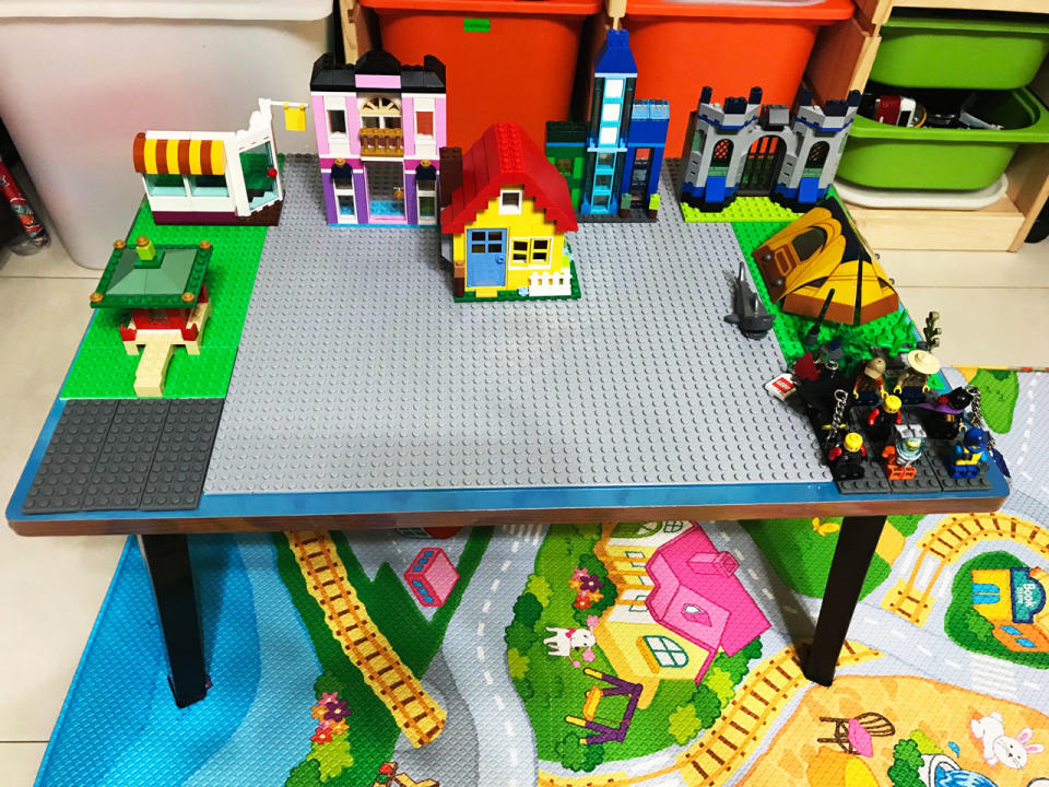 The Lego table decked with structures; six of which were from the medium Lego building box we purchased. Photo: Mummy and Daddy Daycare