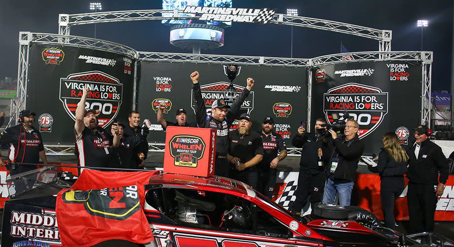 Jon Mckennedy, driver of the No. 79 Middlesex Interiors LFR Modified, celebrates after winning the Virginia Is For Racing Lovers 200 for the Whelen Modified Tour at Martinsville Speedway in Martinsville, Virginia on October 27, 2022. (Veasey Conway/NASCAR)