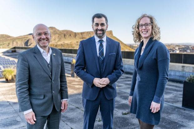 The National: From left: Patrick Harvie, Humza Yousaf, and Lorna Slater reaffirm the Bute House Agreement after