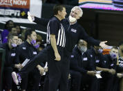 Kansas State head basketball coach Bruce Webber reacts to a call in the first half of an NCAA college basketball game against Baylor, Tuesday, Jan. 25, 2022, in Waco, Texas. (Rod Aydelotte/Waco Tribune Herald, via AP)