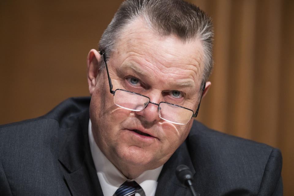 FILE - Sen. Jon Tester, D-Mont., questions Treasury Secretary Janet Yellen as she testifies before the Senate Banking, Housing, and Urban Affairs Committee hearing, May 10, 2022, on Capitol Hill in Washington. Tester says he'll seek reelection to a fourth term in 2024. The Democrat's announcement on Wednesday, Feb. 22, 2023, boosts his party's chances of holding the seat as it tries to hang on to a narrow Senate majority. (Tom Williams/Pool via AP, File)