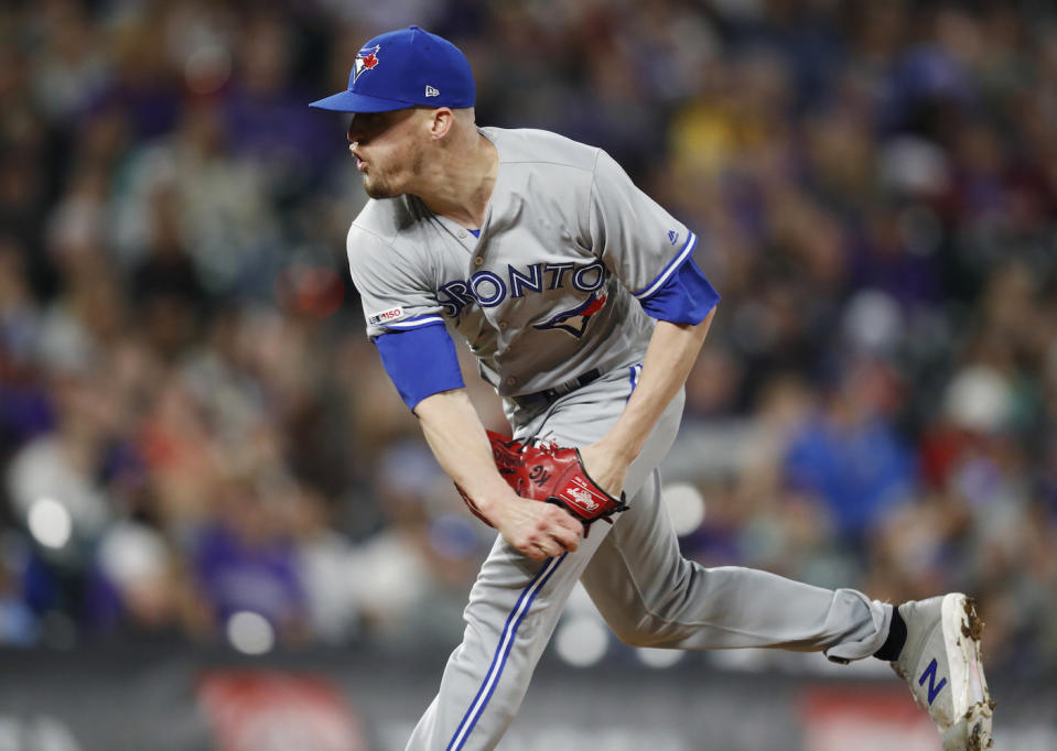 Toronto Blue Jays relief pitcher Ken Giles did not play in Saturday's game against the New York Yankees due to elbow inflammation in his elbow and is considered day-to-day. (AP Photo/David Zalubowski)