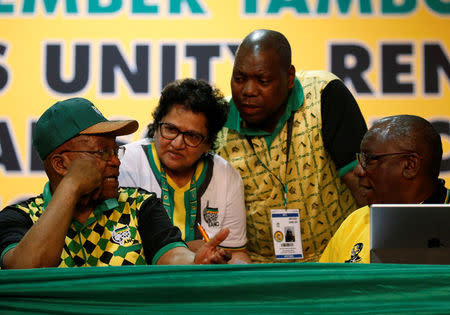 President of South Africa Jacob Zuma (L) gestures as he speaks to Jessie Duarte, Dr Zweli Mkhize and Deputy President of South Africa, Cyril Ramaphosa (R) during the 54th National Conference of the ruling African National Congress (ANC) at the Nasrec Expo Centre in Johannesburg, South Africa December 17, 2017. REUTERS/Siphiwe Sibeko