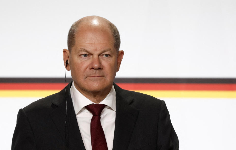 German Chancellor Olaf Scholz holds a press conference with France's President (unseen), following a Franco-German joint cabinet meeting as part of the celebration of the 60th anniversary of the signing of the Elysee Treaty, to seal reconciliation between France and West Germany, 18 years after the Second World War at the presidential Elysee Palace in Paris on January 22, 2023. - The date of the reunion is highly symbolic: sixty years to the day after Charles de Gaulle and Konrad Adenauer signed the Elysee Treaty, which 