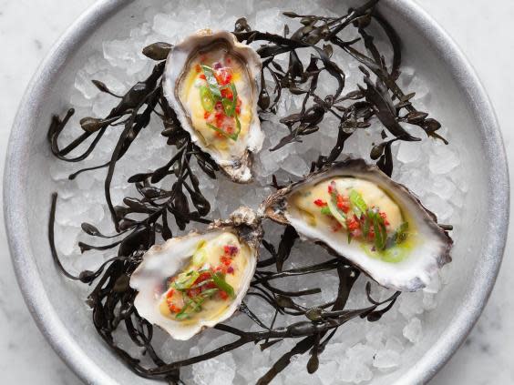 Created especially for London Oyster Week by the Wright Brothers are the chardonnay sabayon, red onion relish and olive oil dressed oysters (Toby Keane)
