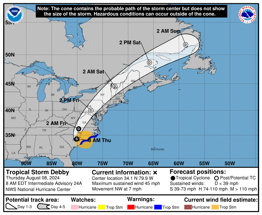 Weather map titled Tropical Storm Debby shows East Coast of U.S. with highlighted area indicating storm path from South Carolina at 2:00 a.m. Friday continuing northeast through New York state at 2:00 a.m. Saturday and then past Maine and into Canada.