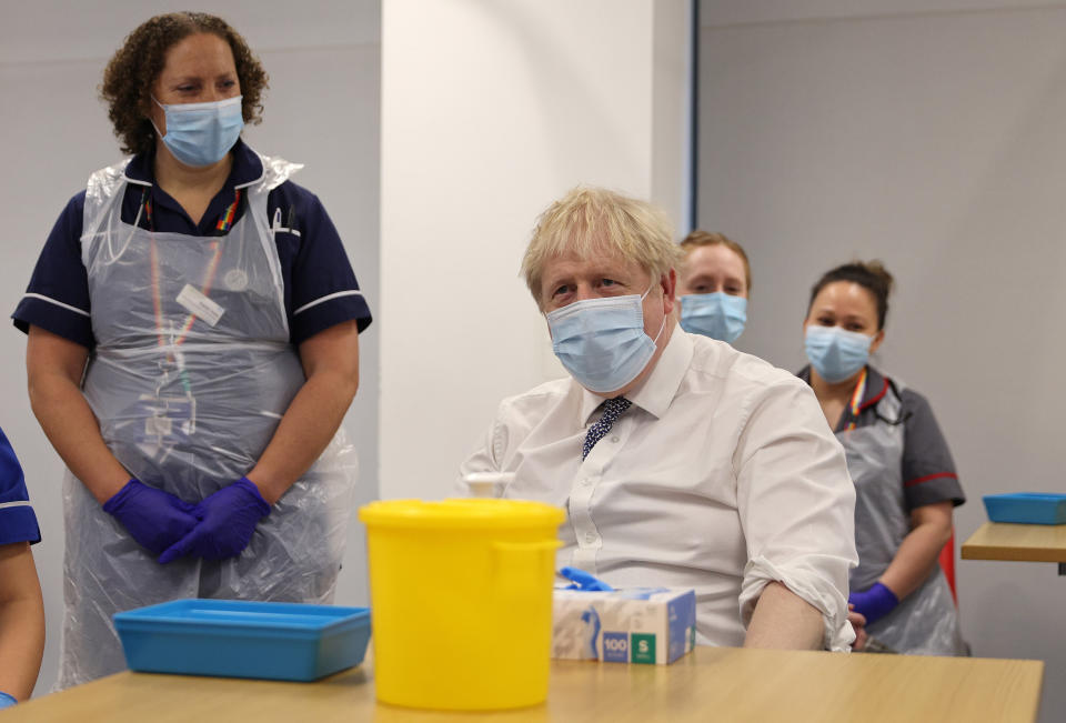 Prime Minister Boris Johnson at a coronavirus vaccination training hub during a visit to Milton Keynes University Hospital in Buckinghamshire. Picture date: Monday January 24, 2022.