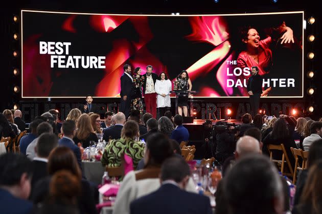 Affonso Goncalves, from left, Maggie Gyllenhaal, Peter Sarsgaard, Osnat Handelsman-Keren and Talia Kleinhendler accept the award for best feature for 