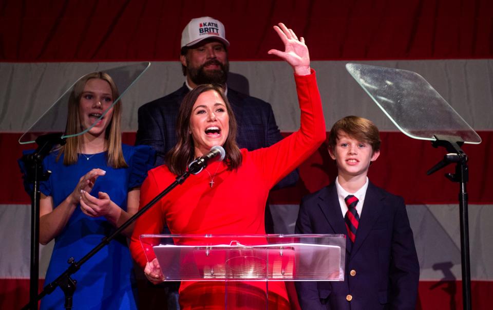 U.S. Senator-elect Katie Britt gives her acceptance speech during her election night event in Montgomery, Ala., on Tuesday, Nov. 8, 2022.