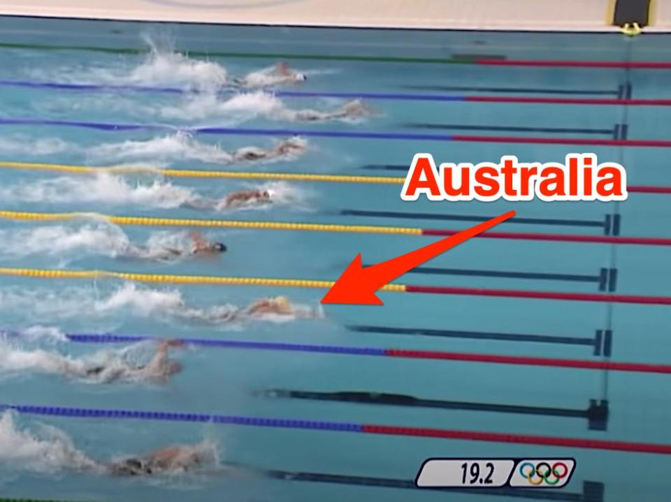 Screenshot shows Australia in the lead in the 4x100m relay at the 2008 Olympics