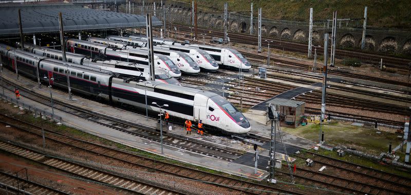 TGV trains (high speed train) parked at a SNCF depot station in Charenton-le-Pont