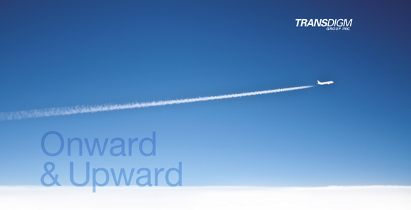 Blue sky with plane and jet contrail, with words onward & upward and TransDigm logo.