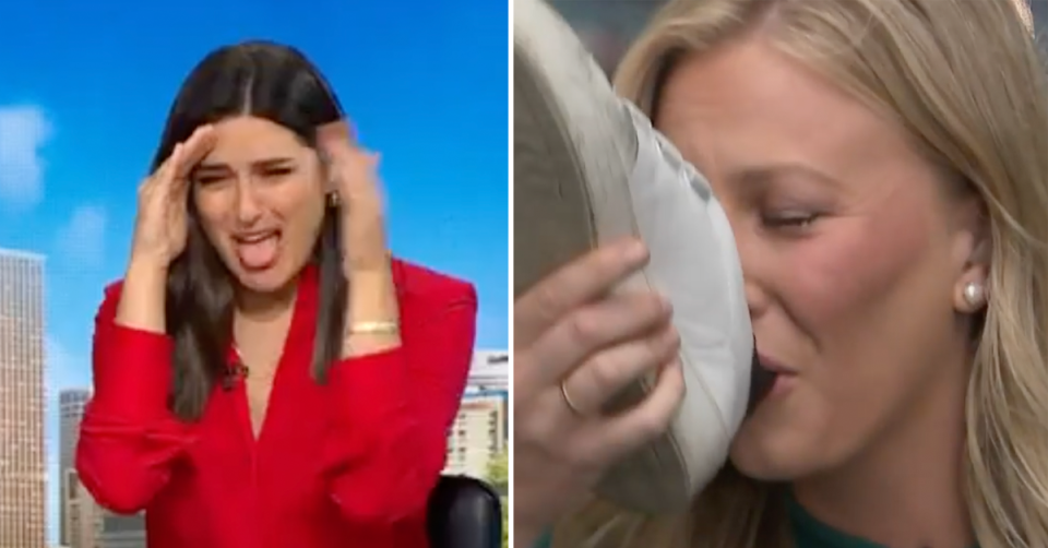 Sarah Abo looks grossed out (right) as Izabella Staskowski drinks from her show (right). 