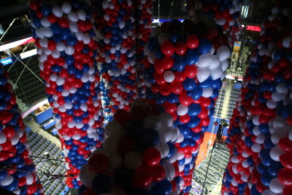 Balloons hang above the convention floor ahead of the Republican National Convention at Tampa Bay Times Forum on August 25, 2012 in Tampa, Florida. Area residents are preparing for Tropical Storm Isaac just before the Republican National Convention which will be held at the Tampa Bay Times Forum during the week of August 27th. (Photo by Chip Somodevilla/Getty Images)