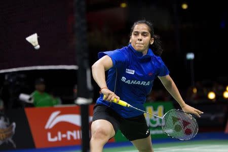 Saina Nehwal of India plays against Li Xuerui (not pictured) of China during their womens' singles quarter-final match at the Badminton World Championships in Copenhagen August 29, 2014. REUTERS/Nils Meilvang/Scanpix Denmark