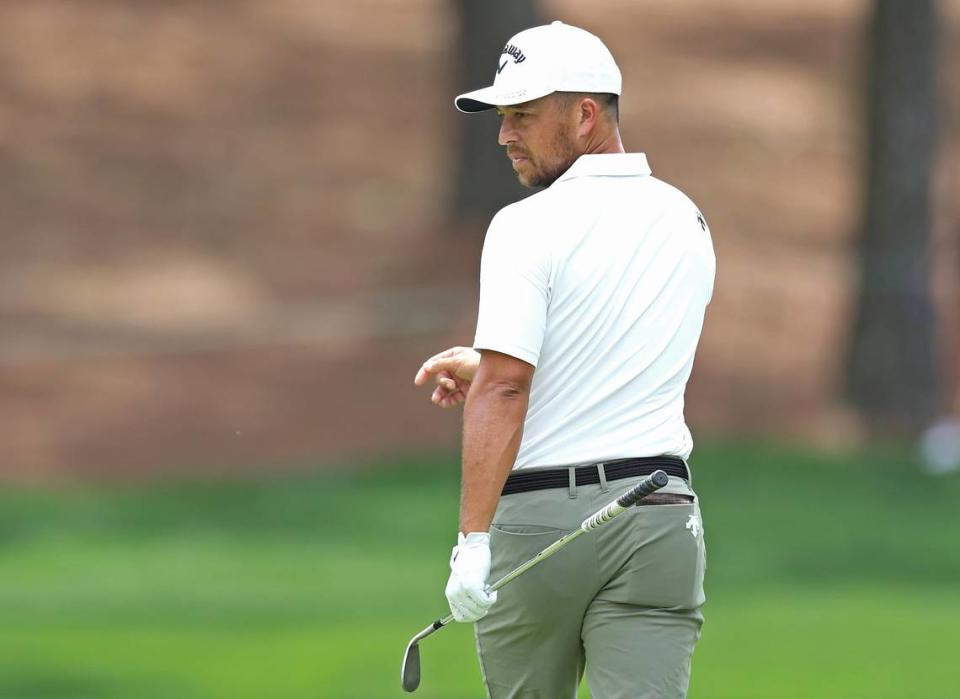 Xander Schauffele glances back at the second green during second round action of the Wells Fargo Championship at Quail Hollow Club in Charlotte, NC on Friday, May 10, 2024.