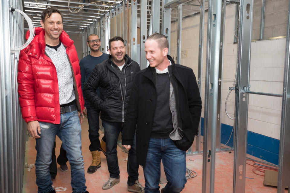 (L to R): David Sheckter, Aaron Judah, and Daniel Stern, who were the original founders of Cannmart, walk with Sean Dollinger, President and CEO of Namaste Technologies Inc, in the new Cannmart facility being built. (Maria Gagliardi, Owner/Photographer, marypics.com)