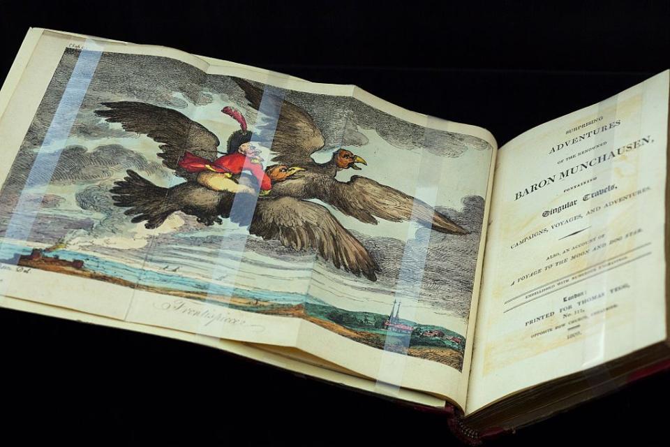 a book opened to a title page on the right with a color illustration of a man flying on a large bird on the left