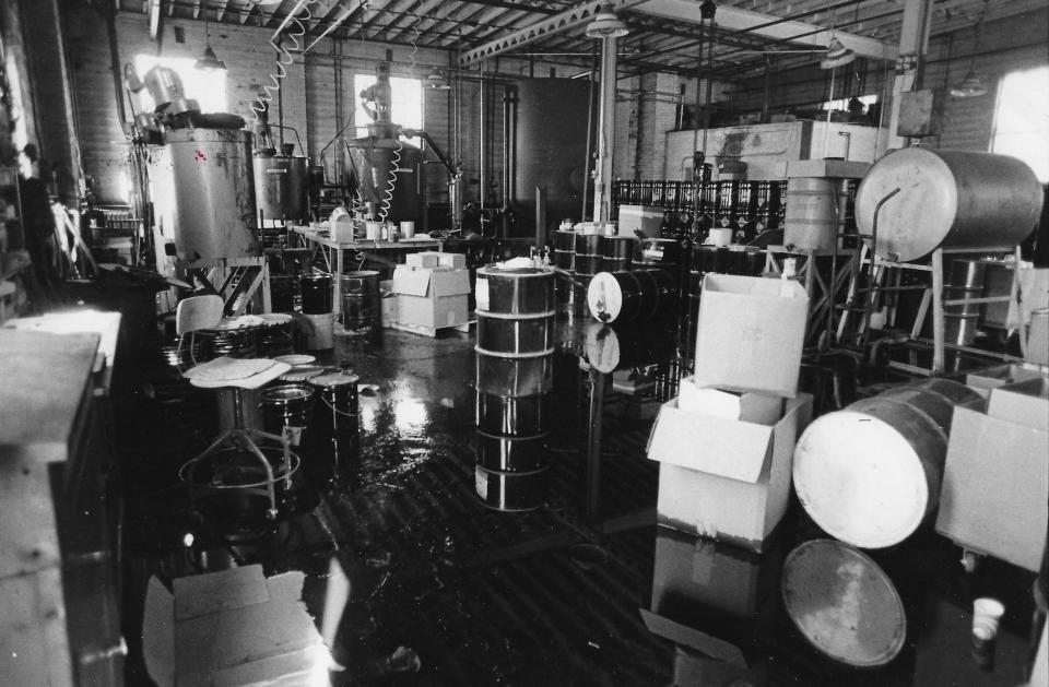 A vandal broke into Patch Rubber Co. at 884 W. Waterloo Road in Akron and dumped solvents on the floor June 22, 1977. The chemicals traveled 3.5 miles in the sewer before igniting.