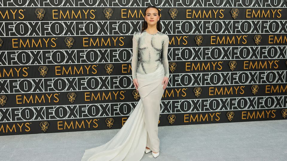 Actor and social media star Emma Brooks wore an eye-catching gown with jeweled silhouette accents by Vietnamese designer Do Long’s eponymous label. The brand said the dress was inspired by the famous Venus de Milo statue. - Neilson Barnard/Getty Images