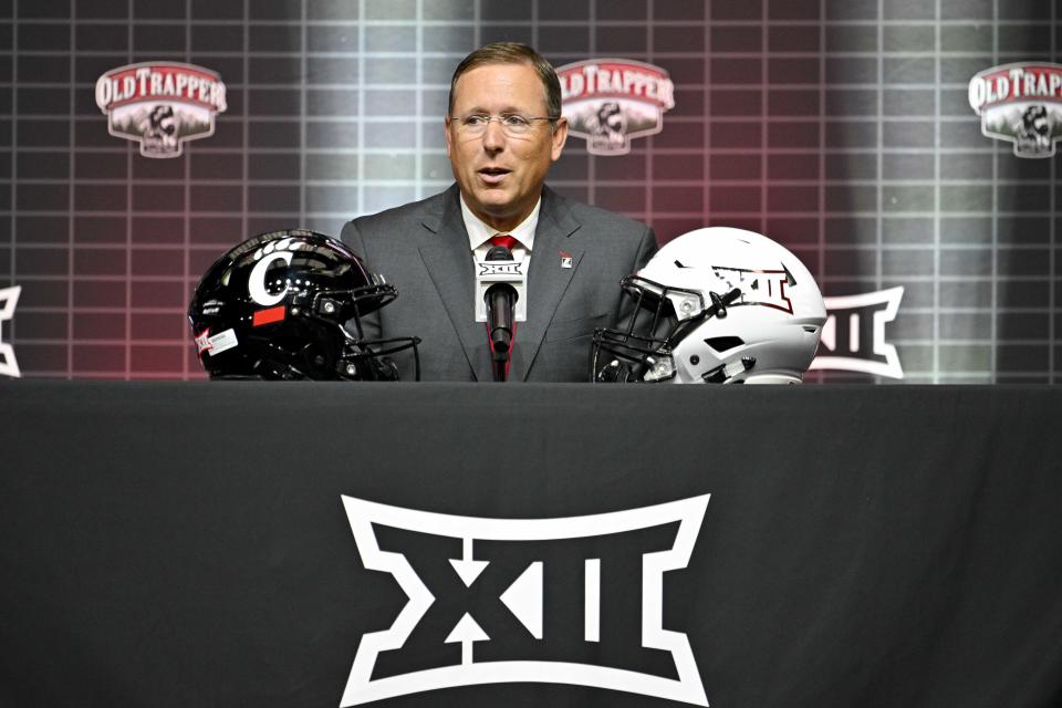 Jul 13, 2023; Arlington, TX, USA; Cincinnati Bearcats head coach Scott Satterfield is interviewed during the Big 12 football media day at AT&T Stadium. Mandatory Credit: Jerome Miron-USA TODAY Sports