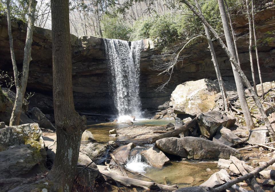 Water flows over Cucumber Falls Tuesday, April 20, 2021, in Ohiopyle State Park.