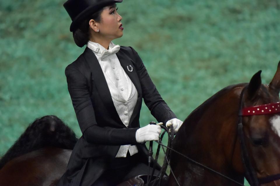 Sophie Yih competes in the Kentucky State Fair Senior Equitation Championship on Thursday, August 27, 2020, at the World's Championship Horse Show in Louisville, Kentucky.