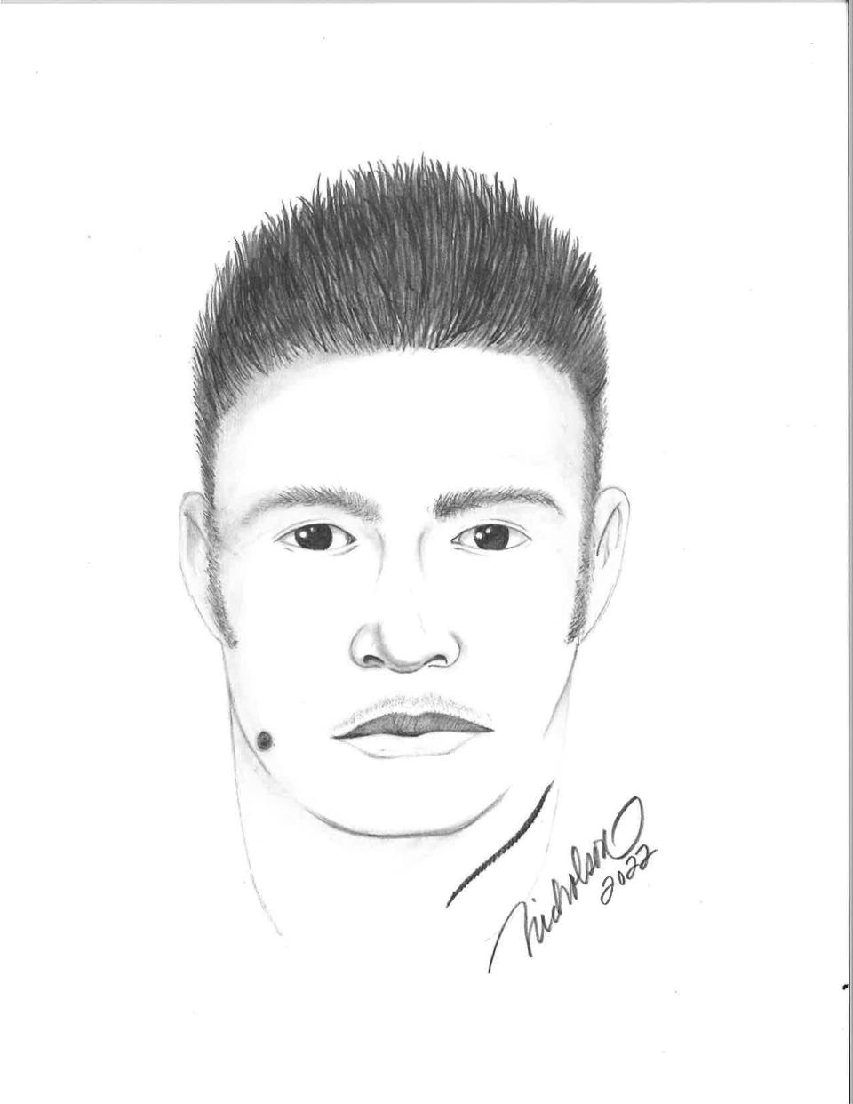 A police sketch of a man sought for questioning by Ojai authorities after a girl reported being approached by strangers.