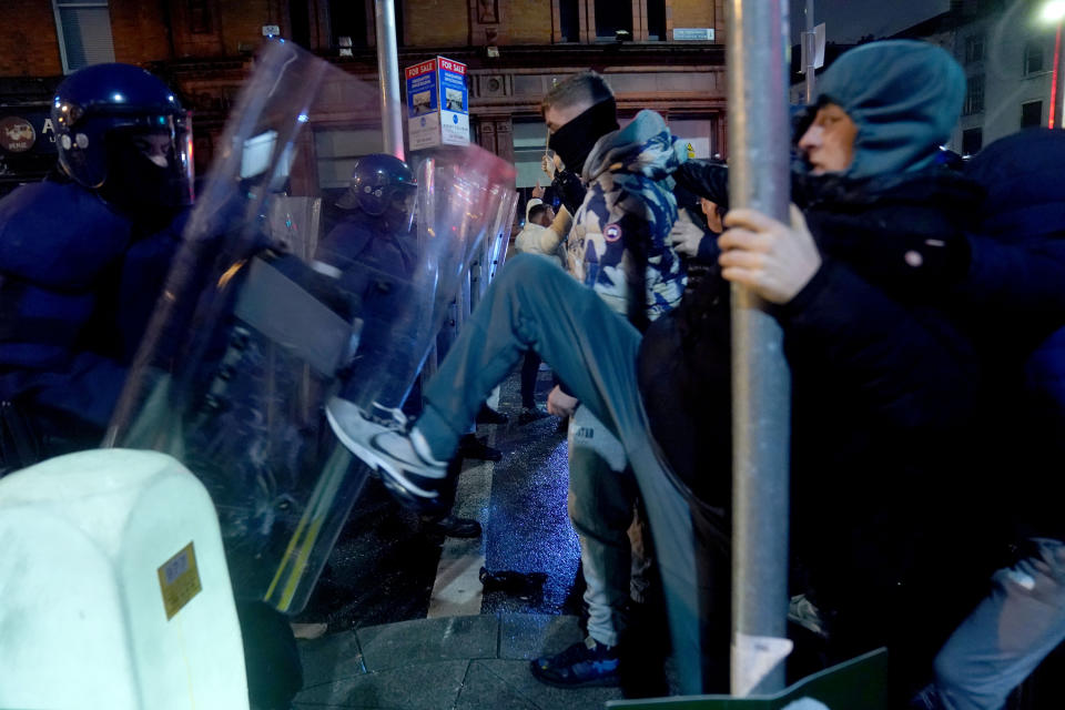 An Garda Siochana at the scene in Dublin city centre after five people were injured in an attack, including three young children. Violent scenes are unfolding close to the site of the attack in Dublin city centre as crowds of protesters gathered. Picture date: Thursday November 23, 2023. (Photo by Brian Lawless/PA Images via Getty Images)