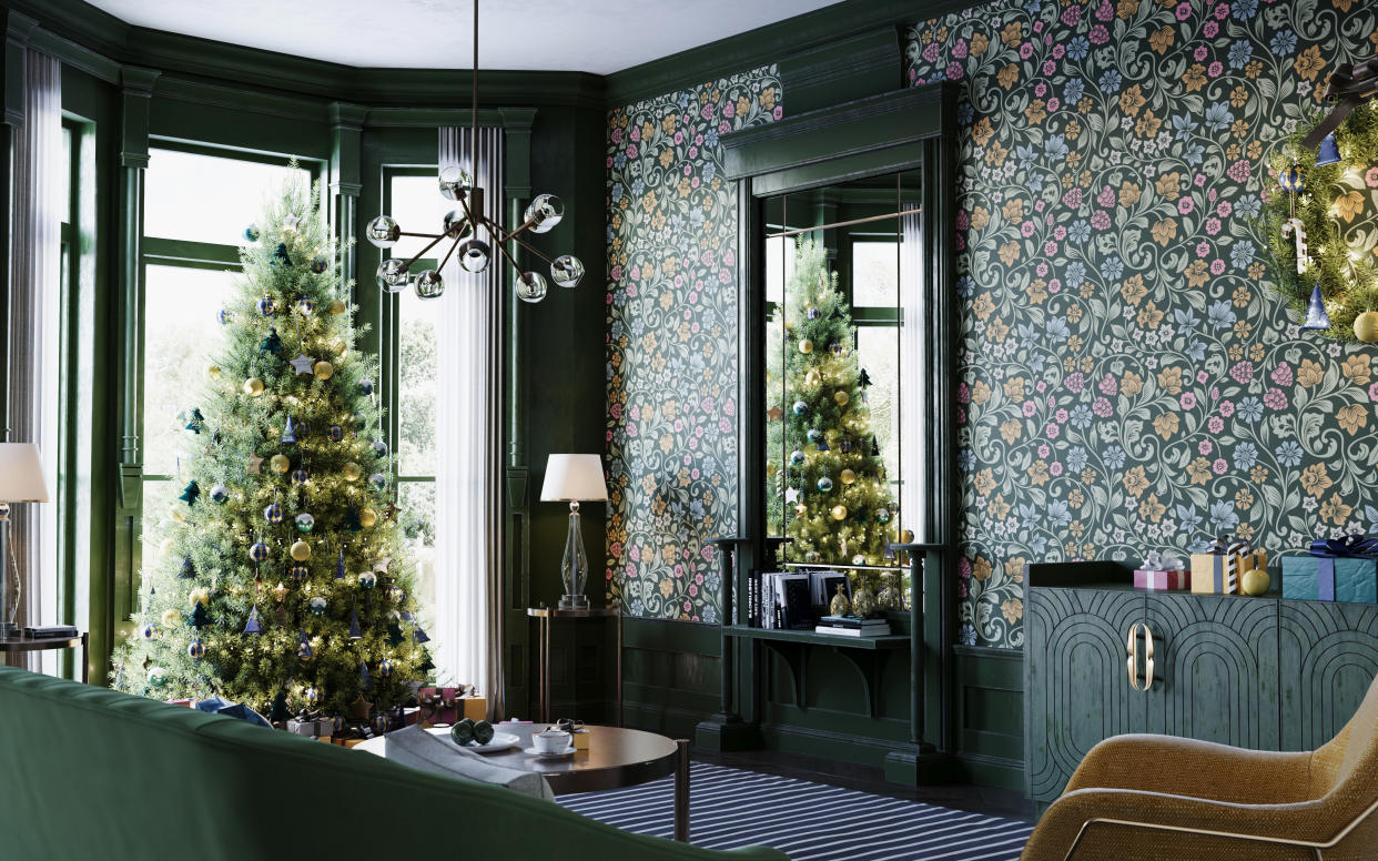  How to store and organize holiday decor, Christmas tree in living room with bold wallpaper. 