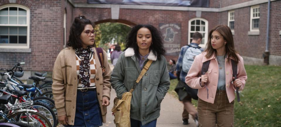 Belissa Escobedo as Izzy (left), Whitney Peak as Becca, and Lilia Buckingham as Cassie in Disney+'s "Hocus Pocus 2."