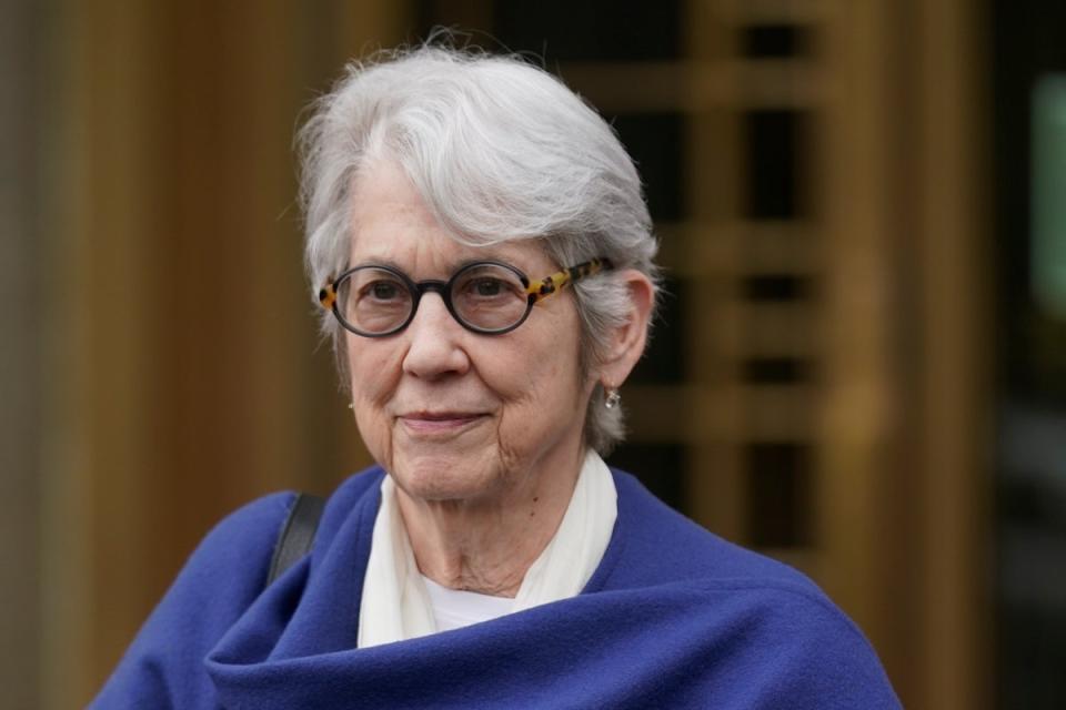 Jessica Leeds leaves the federal courthouse after testifying in writer E. Jean Carroll's lawsuit against Donald Trump in New York, Tuesday, May 2, 2023. (AP/Seth Wenig)