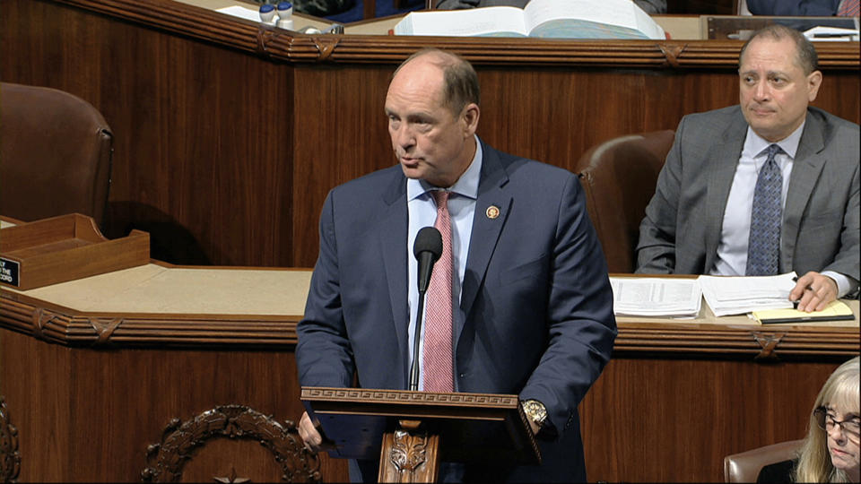 Rep. Ted Yoho, R-Fla., speaks as the House of Representatives debates the articles of impeachment against President Donald Trump at the Capitol in Washington, Wednesday, Dec. 18, 2019. (House Television via AP)
