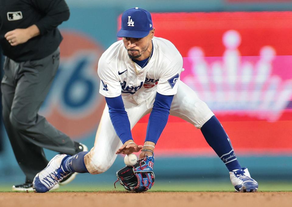 Dodgers shortstop Mookie Betts will play ball against the Rangers during the 2024 season.