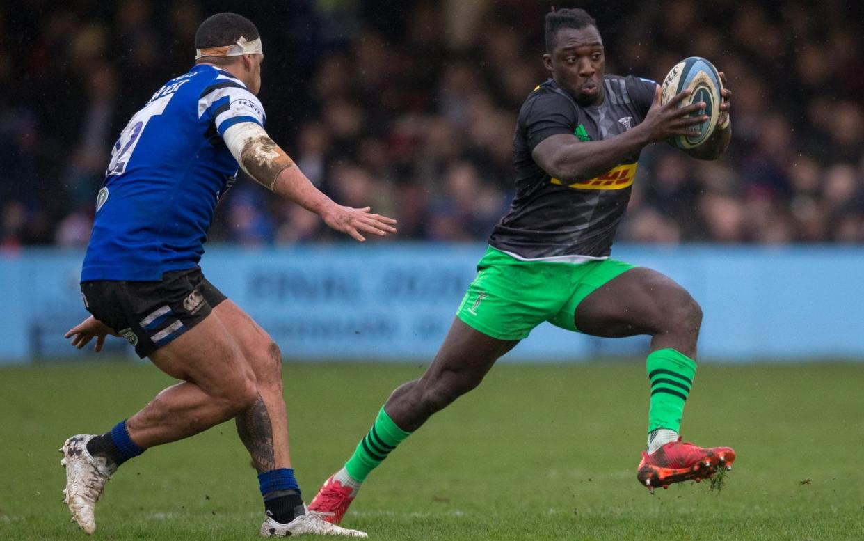 Harlequins' Gabriel Ibitoye in action during the Gallagher Premiership Rugby match between Bath Rugby and Harlequins at on February 22, 2020 in Bath, England.  - GETTY IMAGES