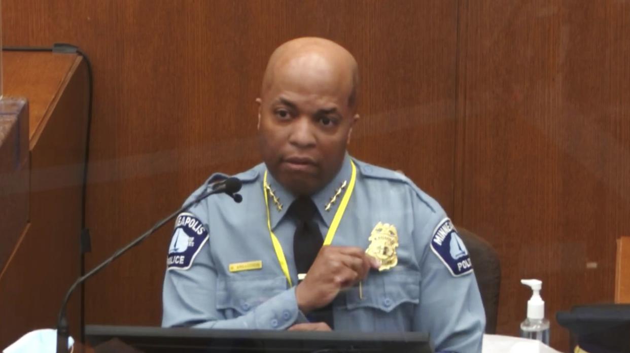 In this image from video, witness Minneapolis Police Chief Medaria Arradondo testifies in the trial of former Minneapolis police Officer Derek Chauvin at the Hennepin County Courthouse in Minneapolis. 