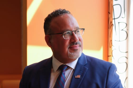 Miguel Cardona, U.S. Secretary of Education, at the Johnson County Central Resource Library in Overland Park, Kan., in September 2023. <span class="copyright">Arin Yoon—Bloomberg/Getty Images</span>