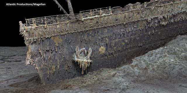 An image from a 3D scan of the Titanic showing the ship&#39;s bow