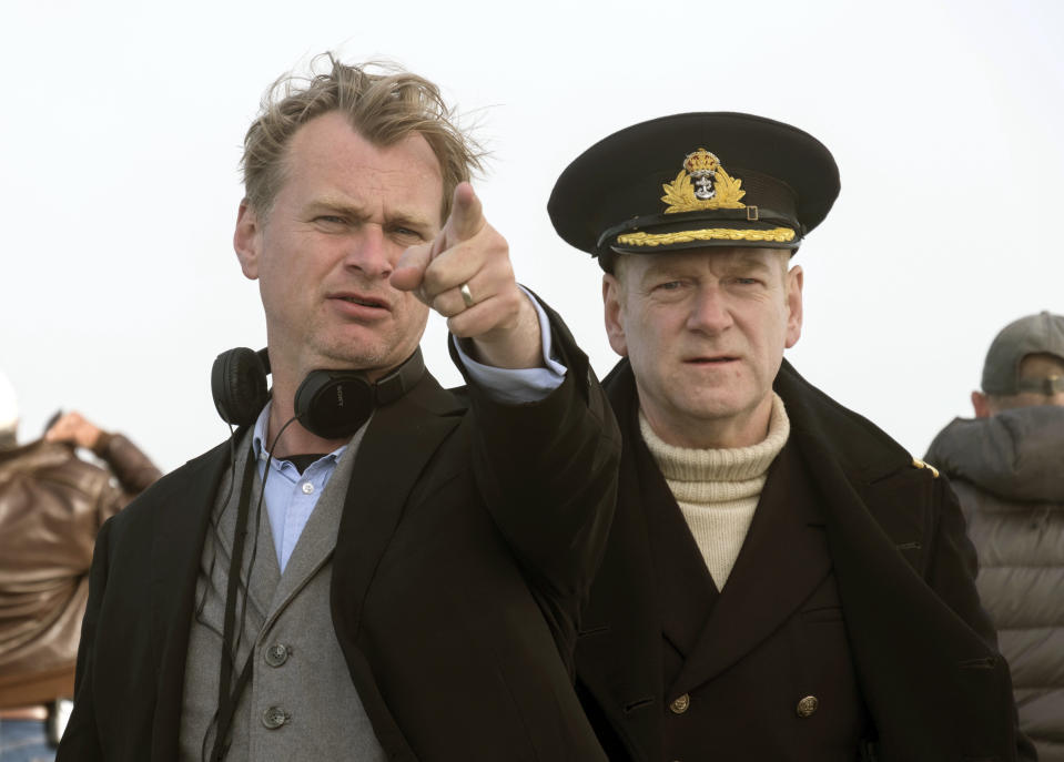 This image released by Warner Bros. Pictures shows director Christopher Nolan, left, on the set of “Dunkirk” with actor Kenneth Branagh. (Melinda Sue Gordon/Warner Bros. Pictures via AP)