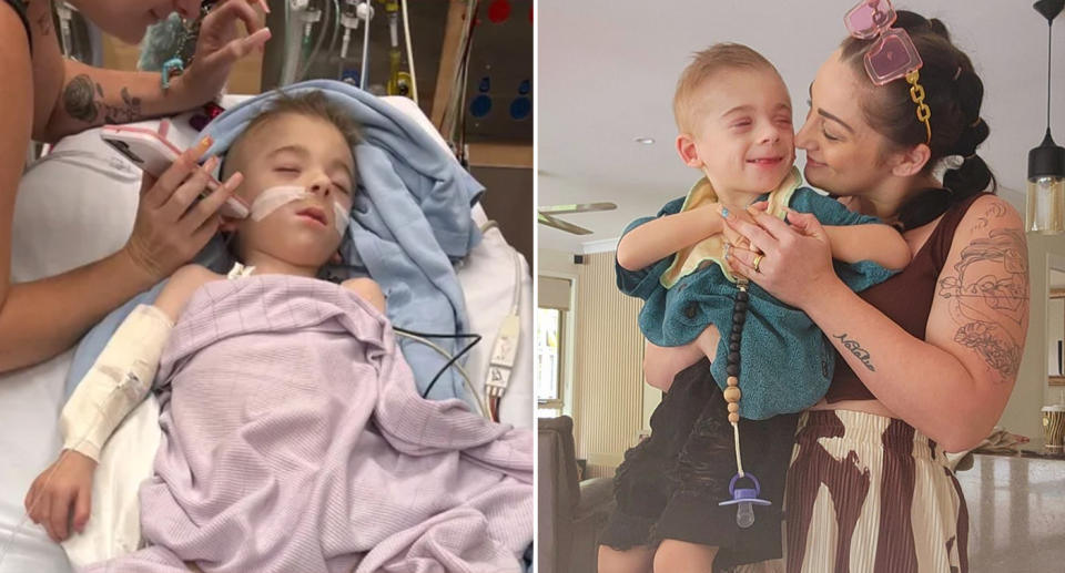 Maria with Oskar, who has nicolaides-baraitser syndrome, as he lays in a hospital bed. Right, Maria holding Oskar as he smiles. 