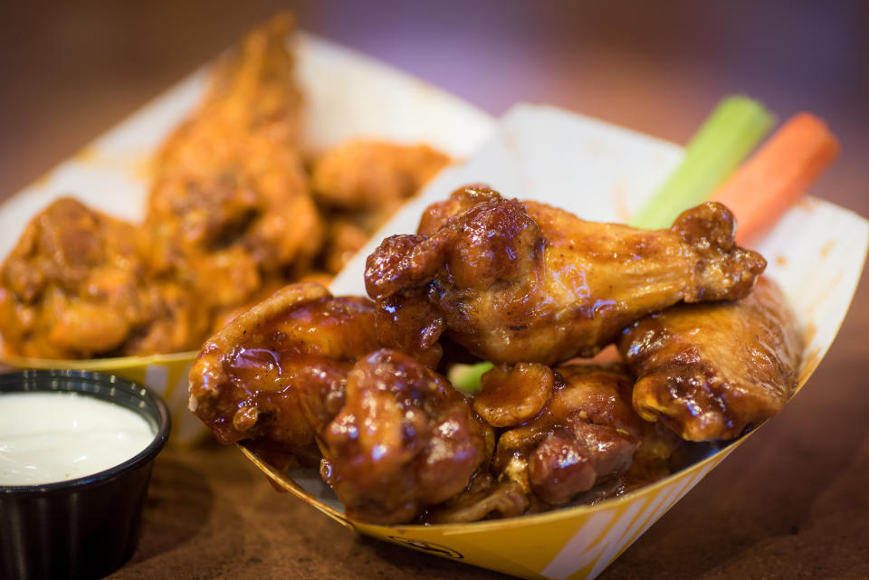 ARLINGTON, VA - NOVEMBER 28: BBQ wings (front) & Medium traditional  wings (back) at Buffalo Wild Wings in Arlington, VA on November 28, 2017. (Photo by Dixie D. Vereen/For The Washington Post via Getty Images)