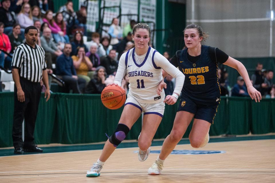 Monroe-Woodbury's Olivia Shippee, left, is tailed by Lourdes' Simone Pelish as she drives toward up court during the Section 9 Class AA girls basketball final at SUNY Sullivan on March 2, 2023.