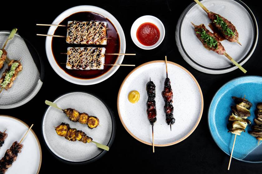 LOS ANGELES, CA - OCTOBER 25: An array of skewers including, pork jowl, chicken thigh, cherng fun, meatball, oyster mushroom, pork shoulder and octopus from Needle restaurant on Monday, Oct. 25, 2021 in Los Angeles, CA. (Mariah Tauger / Los Angeles Times)