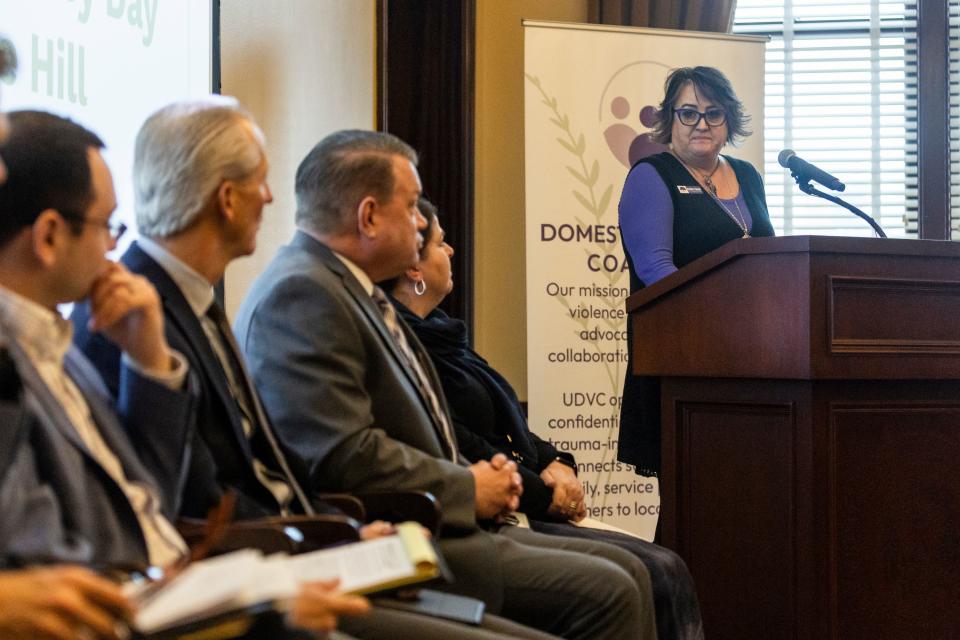 Amber Paaso, victim assistance director of Your Community Connection, speaks during the Utah Domestic Violence Coalition Advocacy Day at the Capitol in Salt Lake City on Monday, Feb. 5, 2024. | Marielle Scott, Deseret News