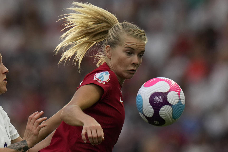 Norway's Ada Hegerberg controls the ball during the Women Euro 2022 group A soccer match between England and Norway at Brighton & Hove Community Stadium in Brighton, England, Monday, July 11, 2022. (AP Photo/Alessandra Tarantino)