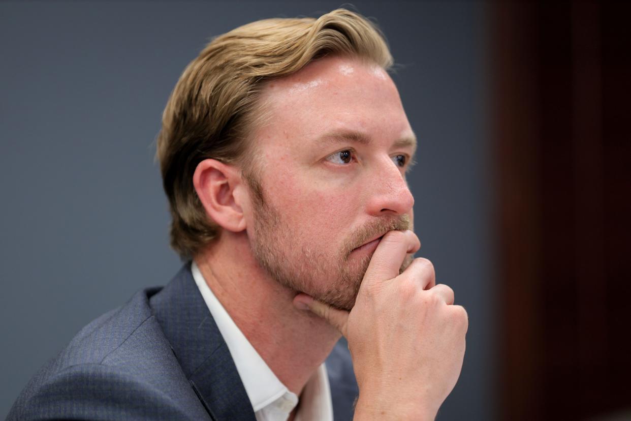 State schools Superintendent Ryan Walters listens March 28 during an Oklahoma State Board of Education meeting in Oklahoma City.